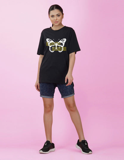 Nusyl Women Black Betterfly print oversized t-shirt