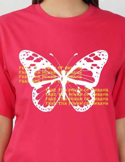 Nusyl Women Hot Pink Betterfly print oversized t-shirt