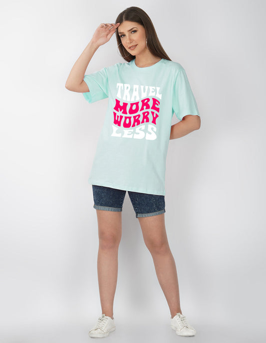 Nusyl Women Powder Blue Text print oversized t-shirt