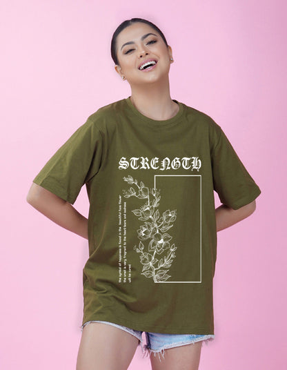 Nusyl Women Olive Flower print oversized t-shirt