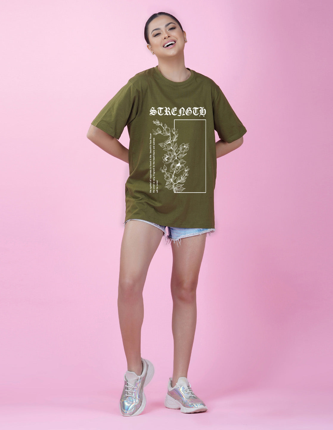 Nusyl Women Olive Flower print oversized t-shirt
