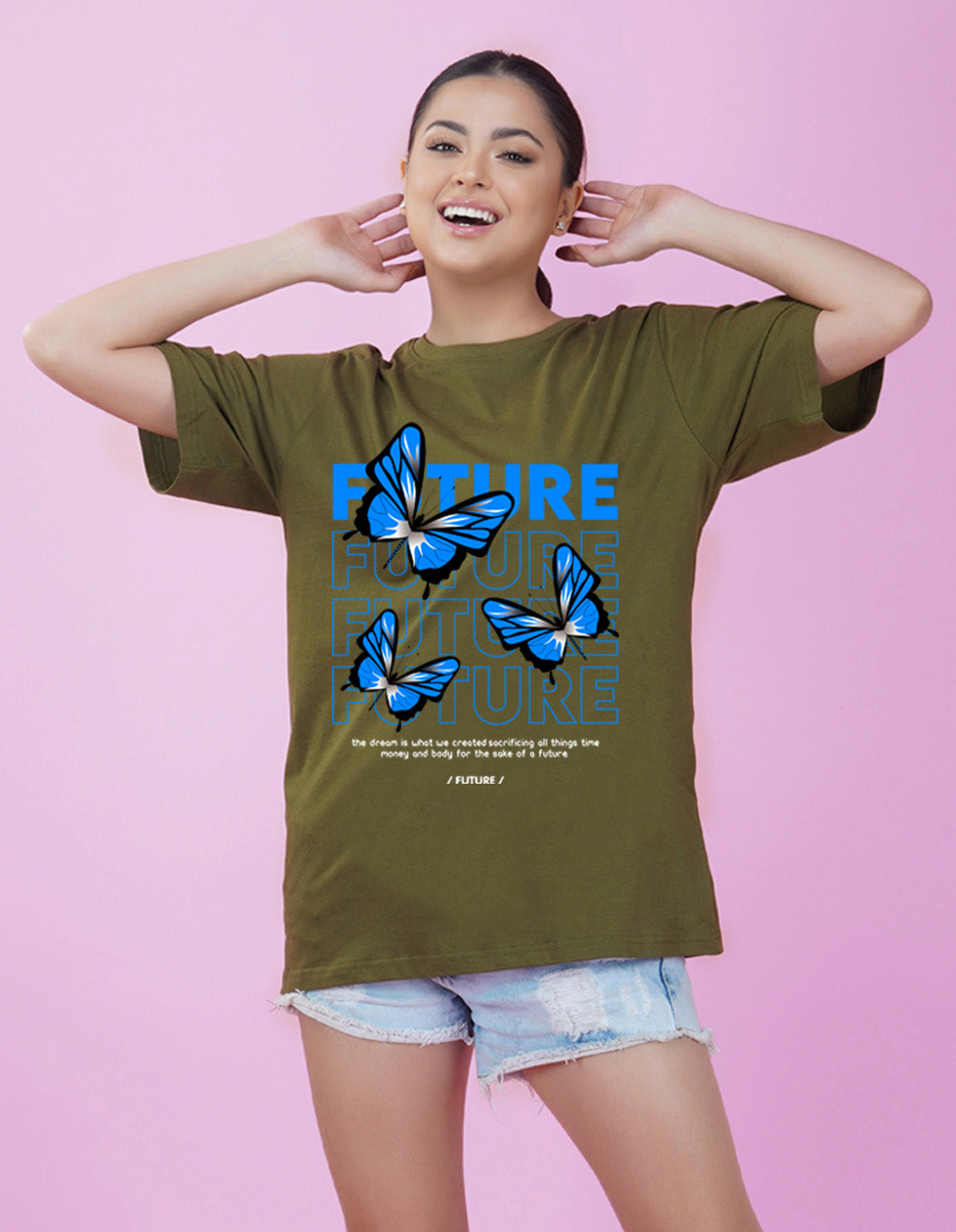 Nusyl Women Olive Future Print oversized t-shirt
