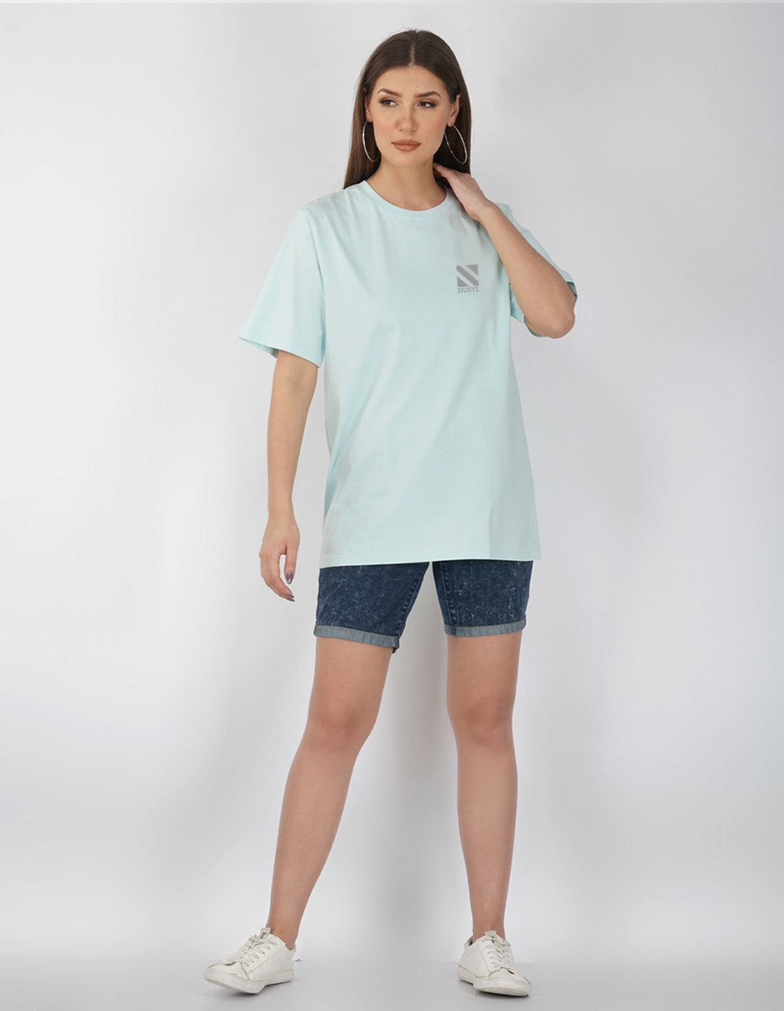 Nusyl Women Powder Blue Logo Print oversized t-shirt