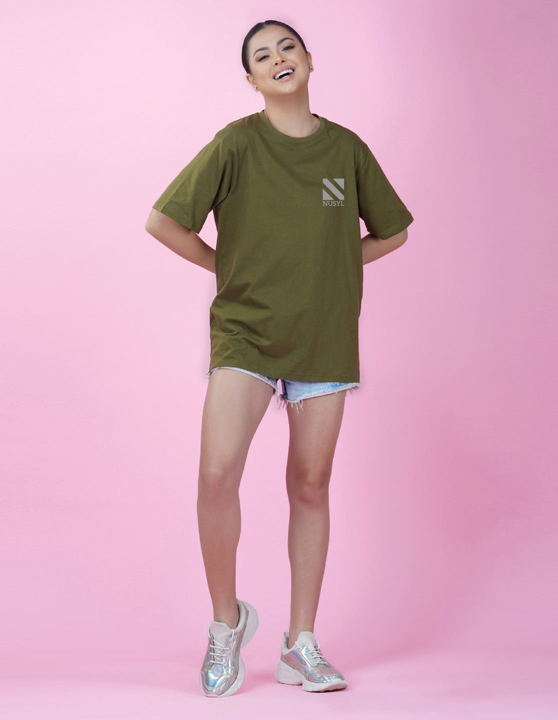 Nusyl Women Olive Logo Print oversized t-shirt