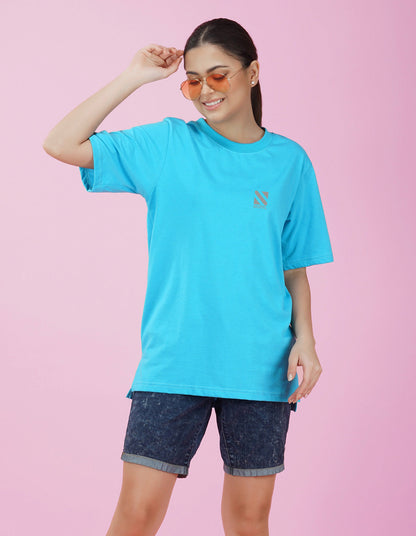 Nusyl Women Sky Blue Logo Print oversized t-shirt