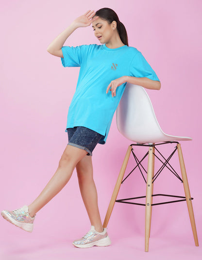 Nusyl Women Sky Blue Logo Print oversized t-shirt