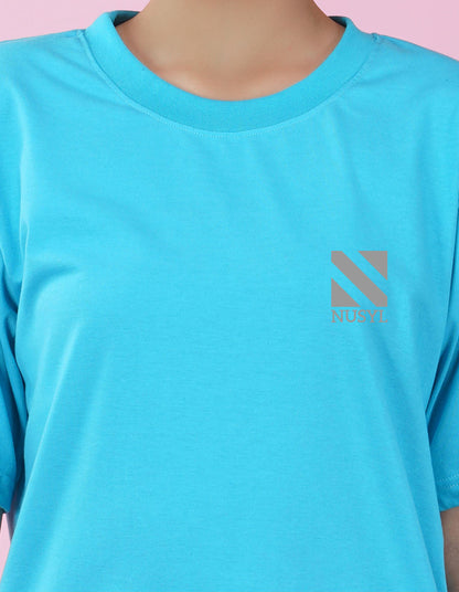 Nusyl Women Sky Blue Logo Print oversized t-shirt