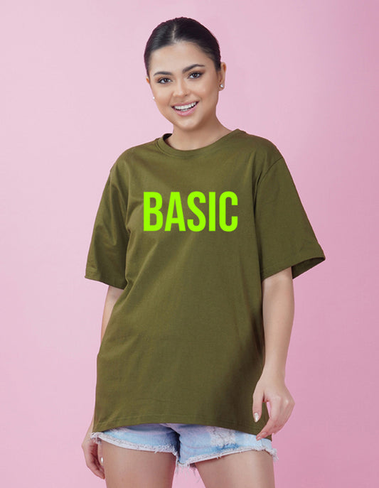 Nusyl Women Olive Basic print oversized t-shirt