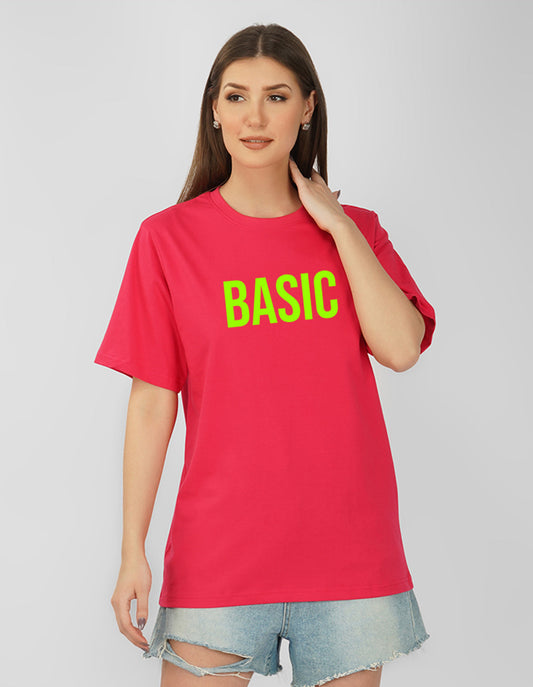 Nusyl Women Hot Pink Basic print oversized t-shirt