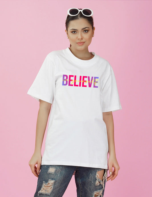 Nusyl Women White Believe oversized t-shirt