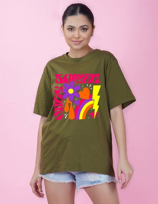 Nusyl Women Olive Abstract pint oversized t-shirt