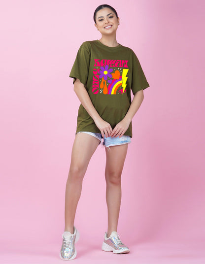 Nusyl Women Olive Abstract pint oversized t-shirt