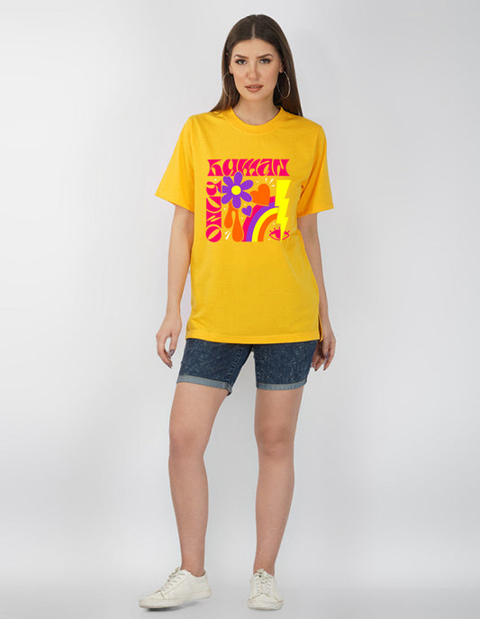 Nusyl Women Yellow Abstract pint oversized t-shirt