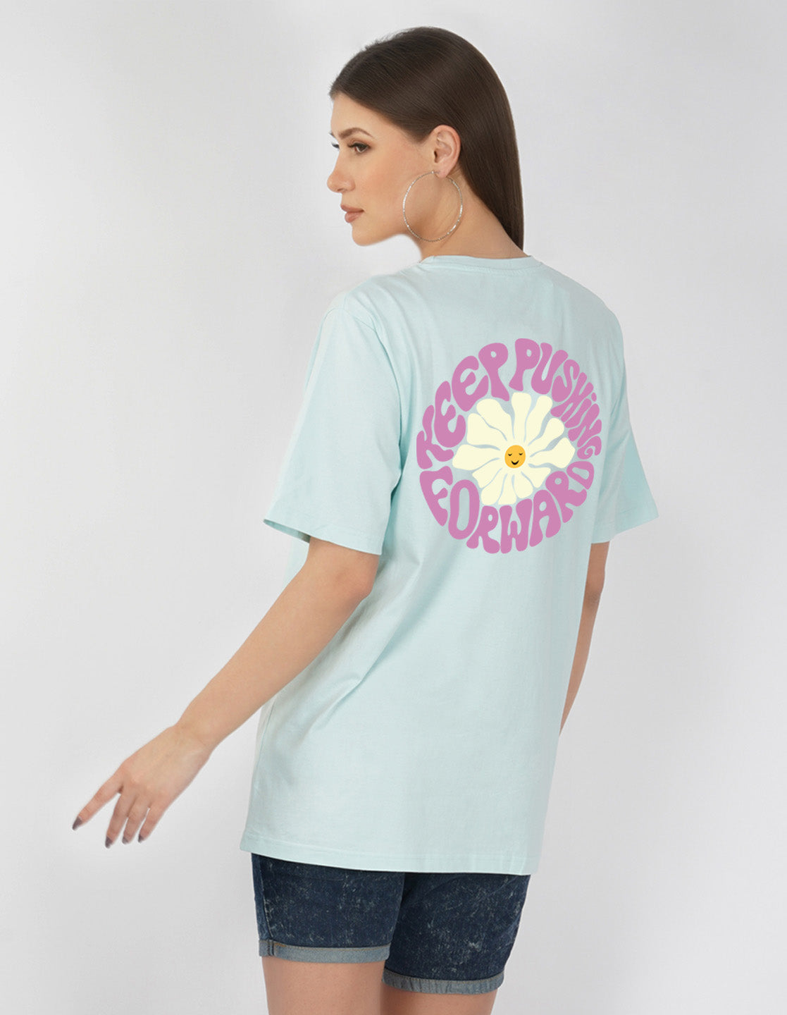 Nusyl Women Powder Blue Flower print oversized t-shirt