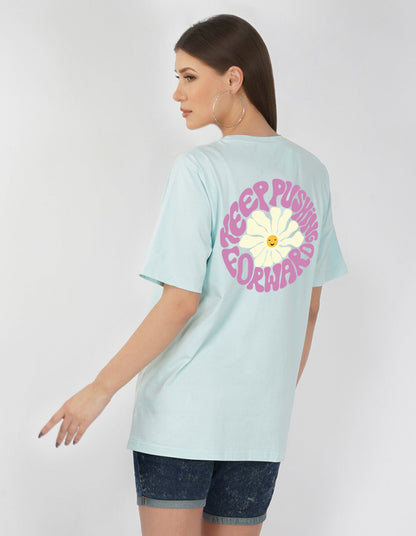 Nusyl Women Powder Blue Flower print oversized t-shirt