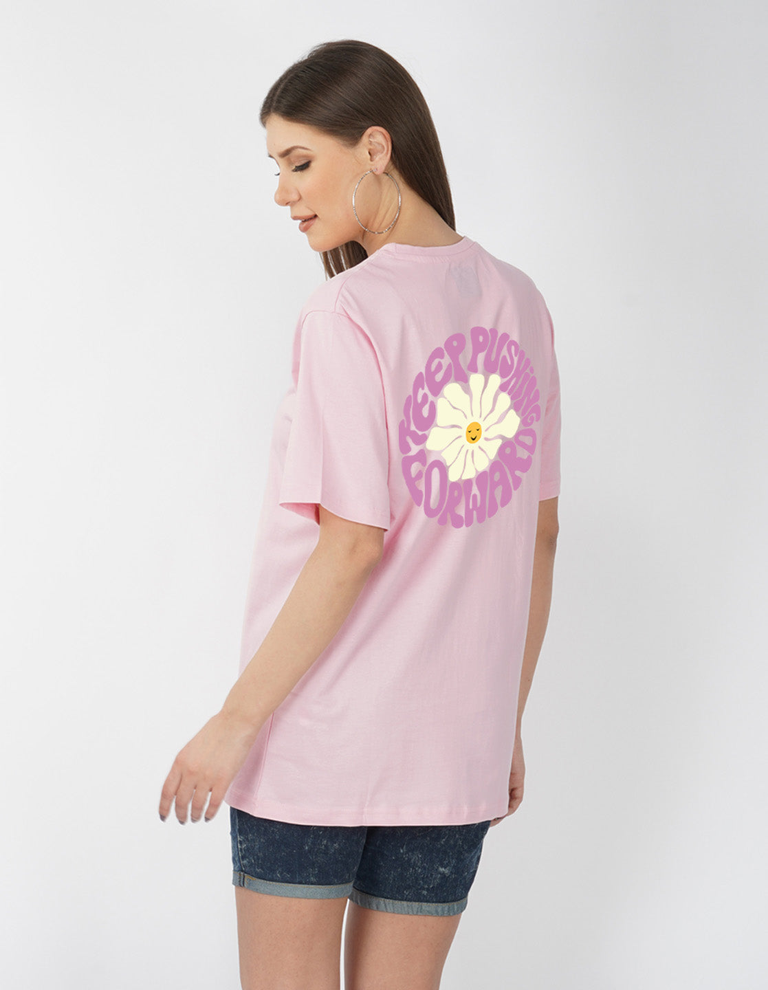 Nusyl Women Light Pink Flower print oversized t-shirt