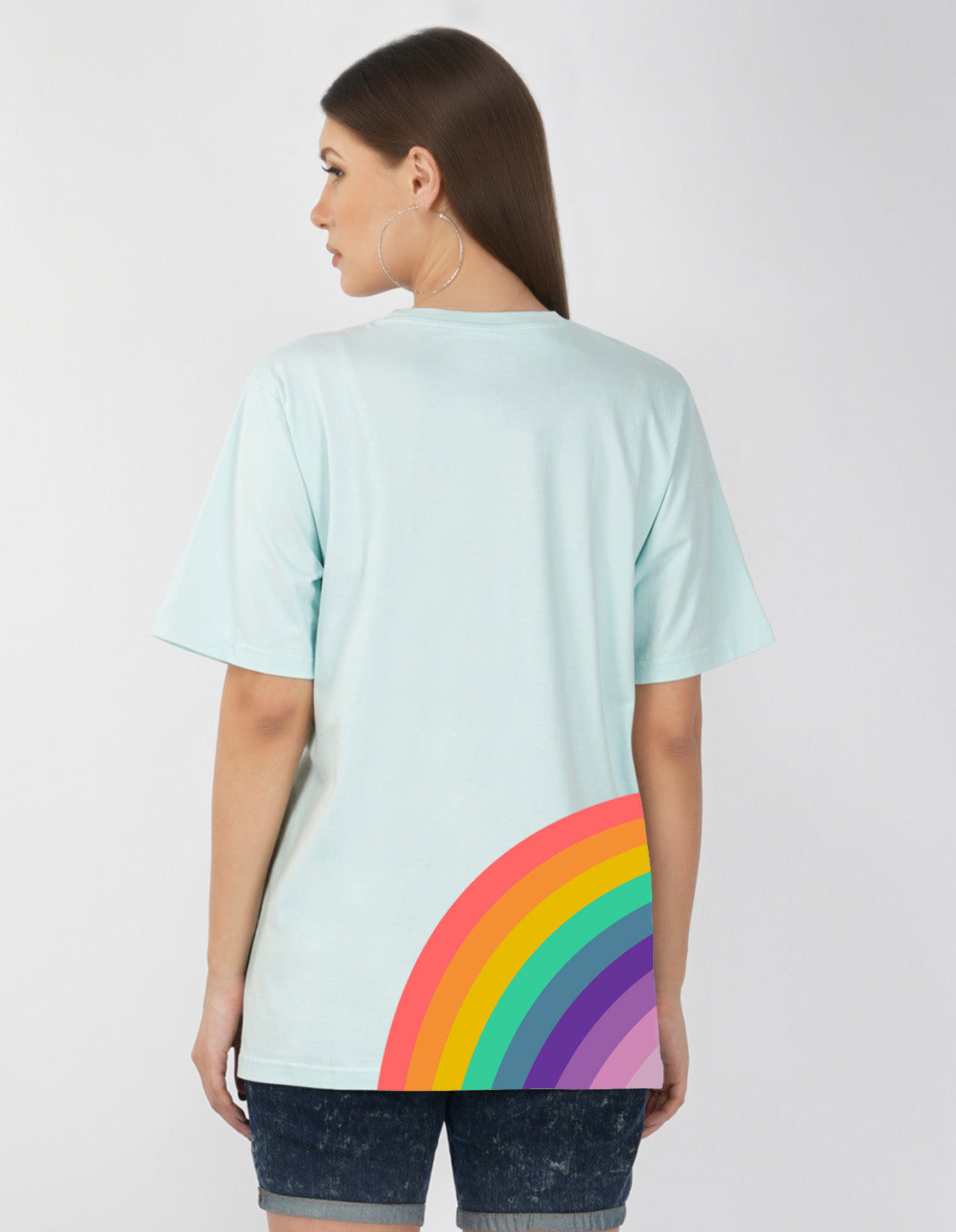 Nusyl Women Powder Blue Rainbow pint oversized t-shirt