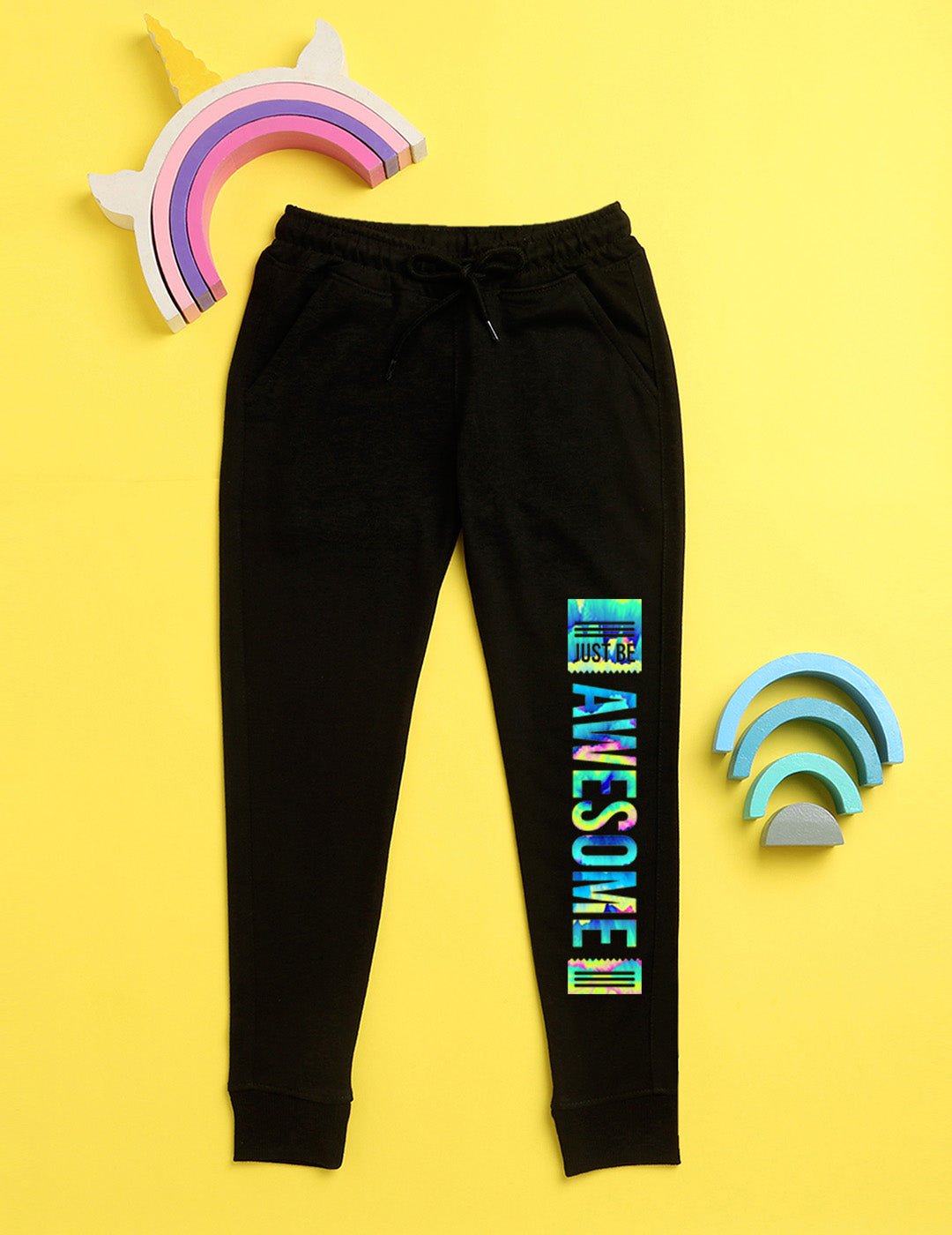 Nusyl Black text printed kids unisex treck pants