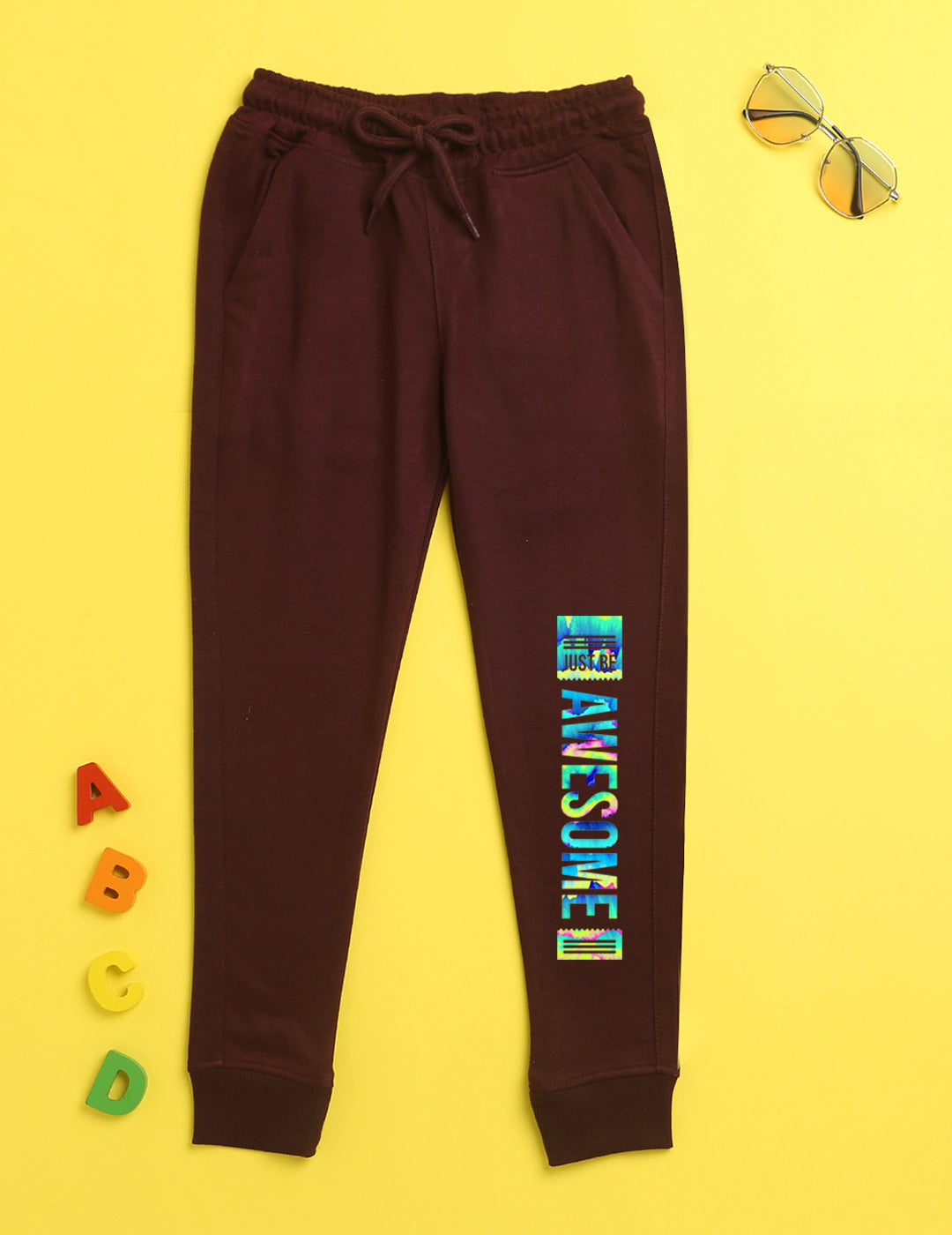 Nusyl Burgandy text printed kids unisex treck pants