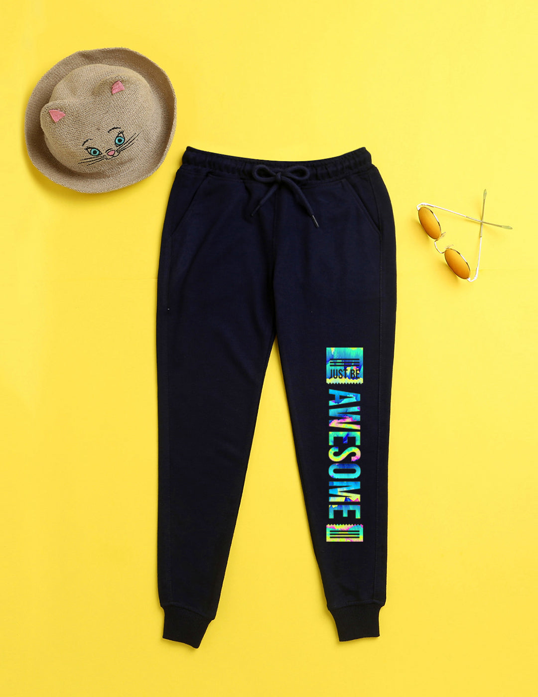 Nusyl Navy blue text printed kids unisex treck pants