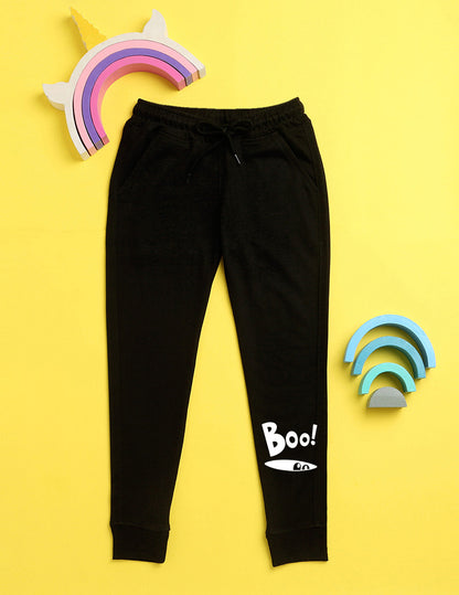 Nusyl Black text printed kids unisex treck pants
