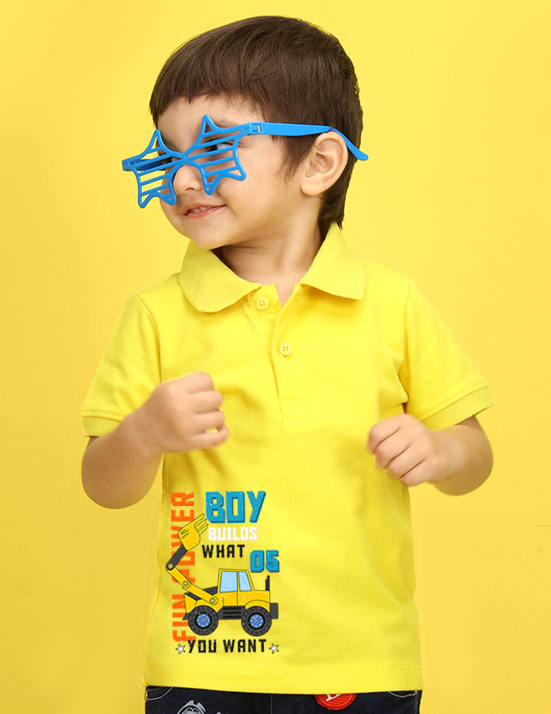 Nusyl Bulldozer Printed Bright Yellow Infants Polo T-shirt