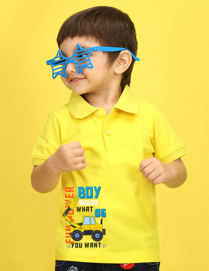 Nusyl Bulldozer Printed Bright Yellow Infants Polo T-shirt