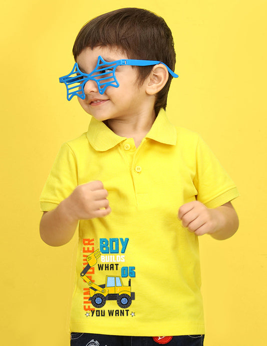 Nusyl Bulldozer Printed Bright Yellow Infants Polo T-shirt