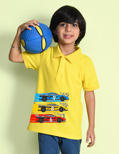 Nusyl Cars Printed Bright yellow Boys polo T-shirts