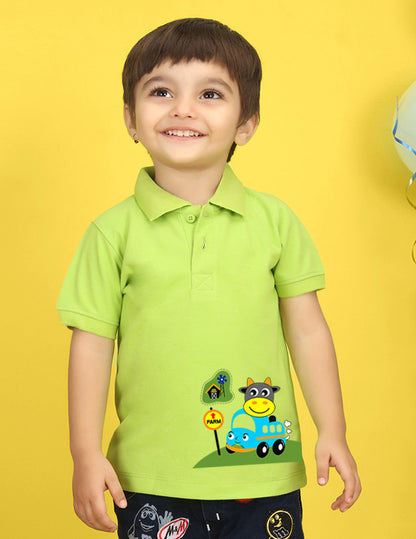 Nusyl Car Printed Lime Green Infants Polo T-shirt
