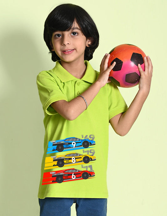 Nusyl Cars Printed Lime green Boys polo T-shirts