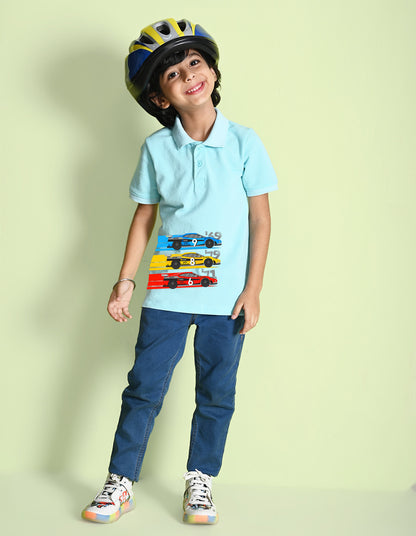 Nusyl Cars Printed Light blue Boys polo T-shirts