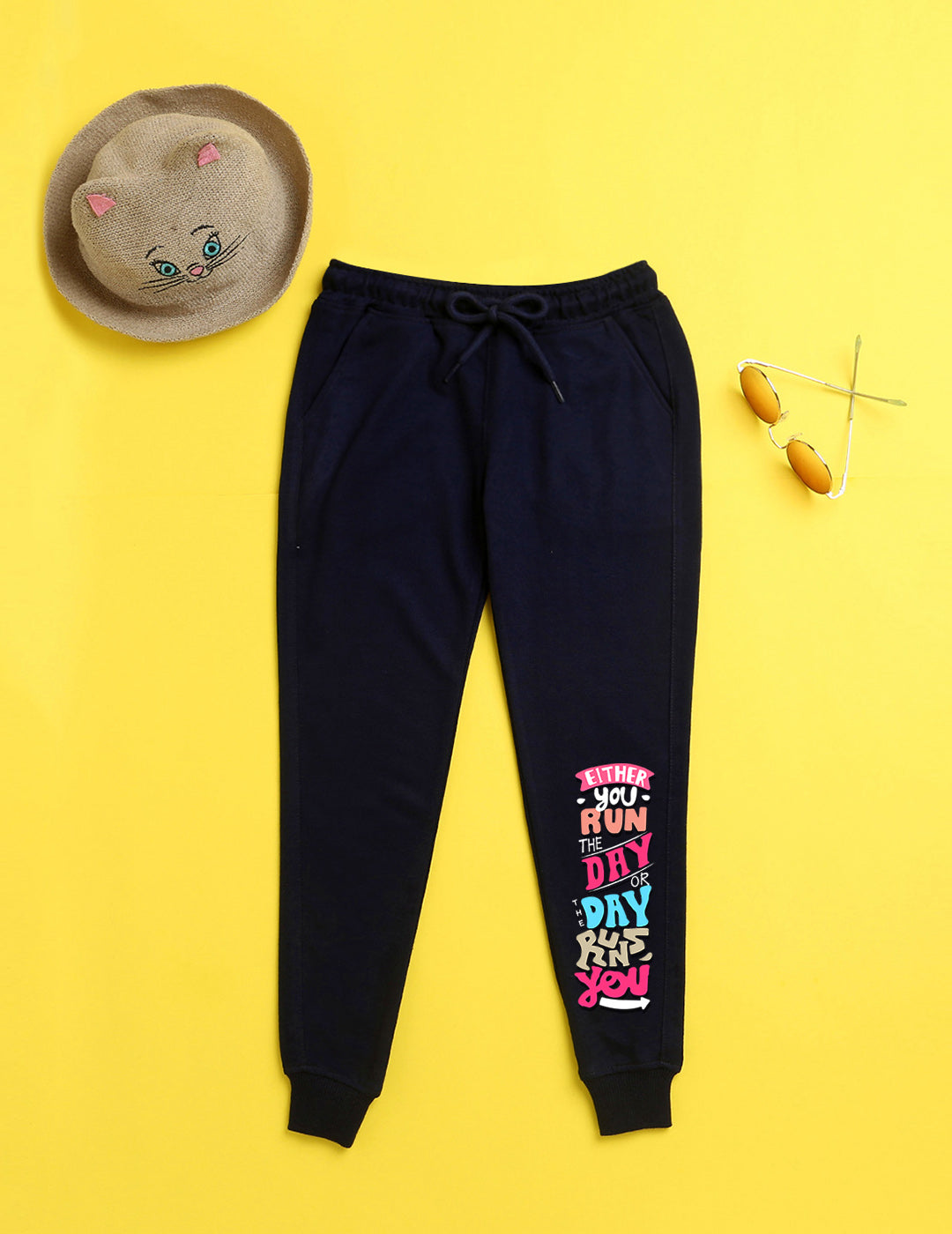 Nusyl Navy blue text printed kids unisex treck pants