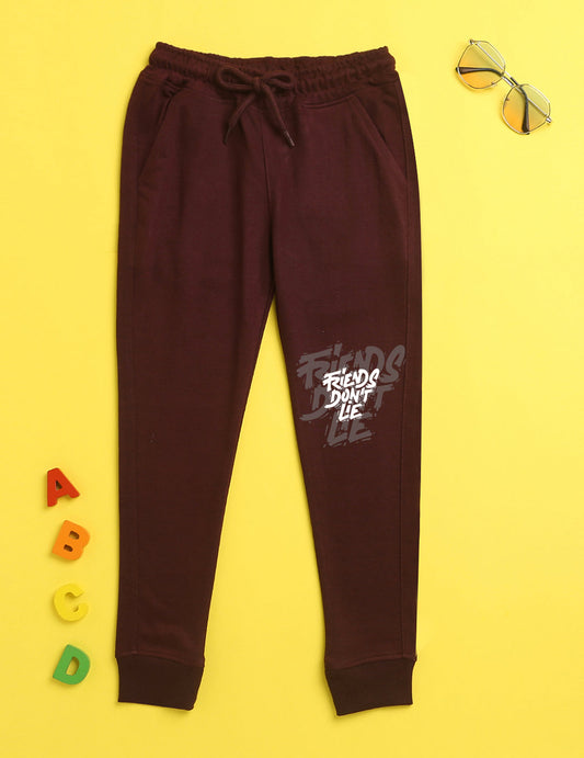 Nusyl Burgandy text printed kids unisex treck pants