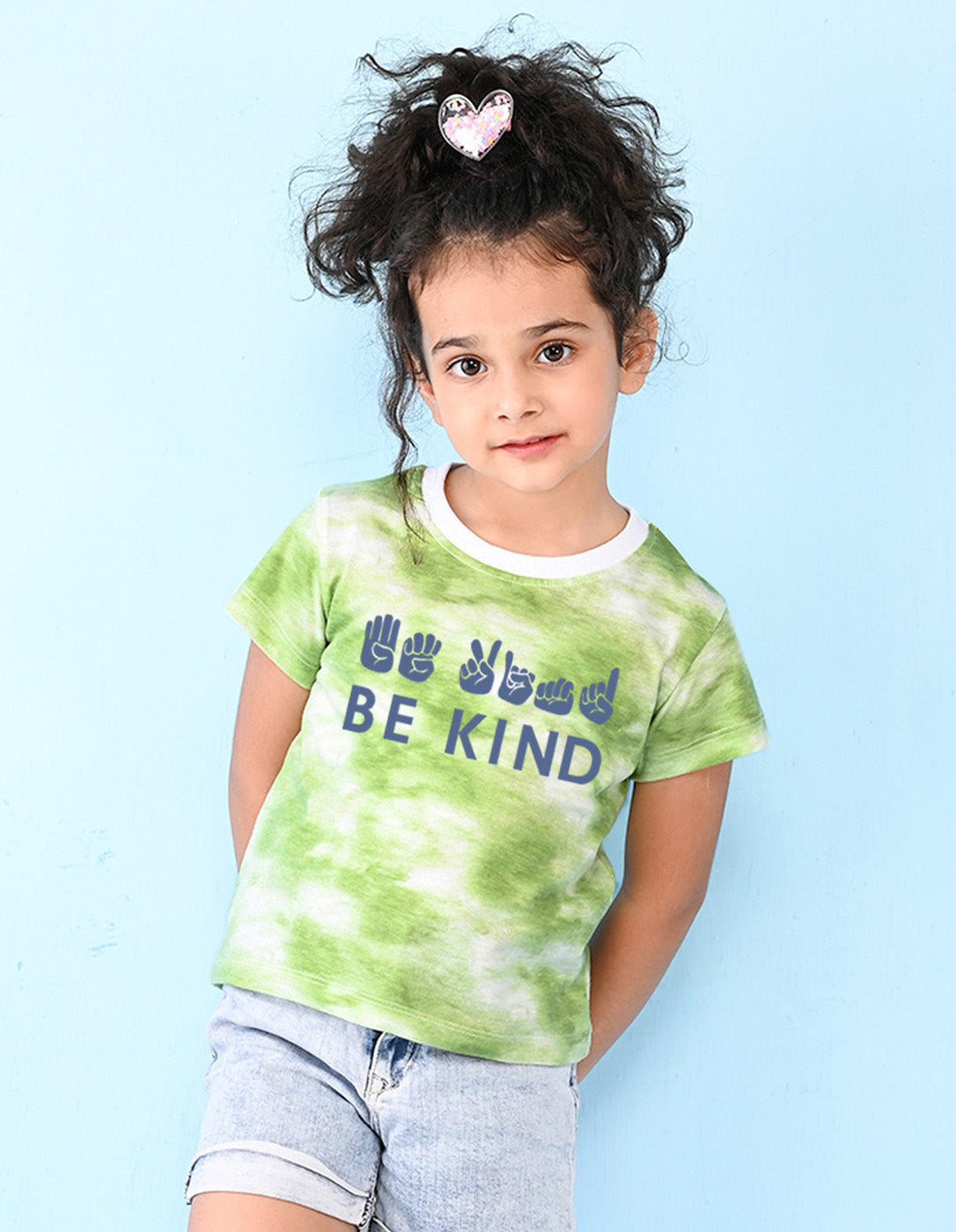 Nusyl girls green be kind printed tie & dye tshirt.