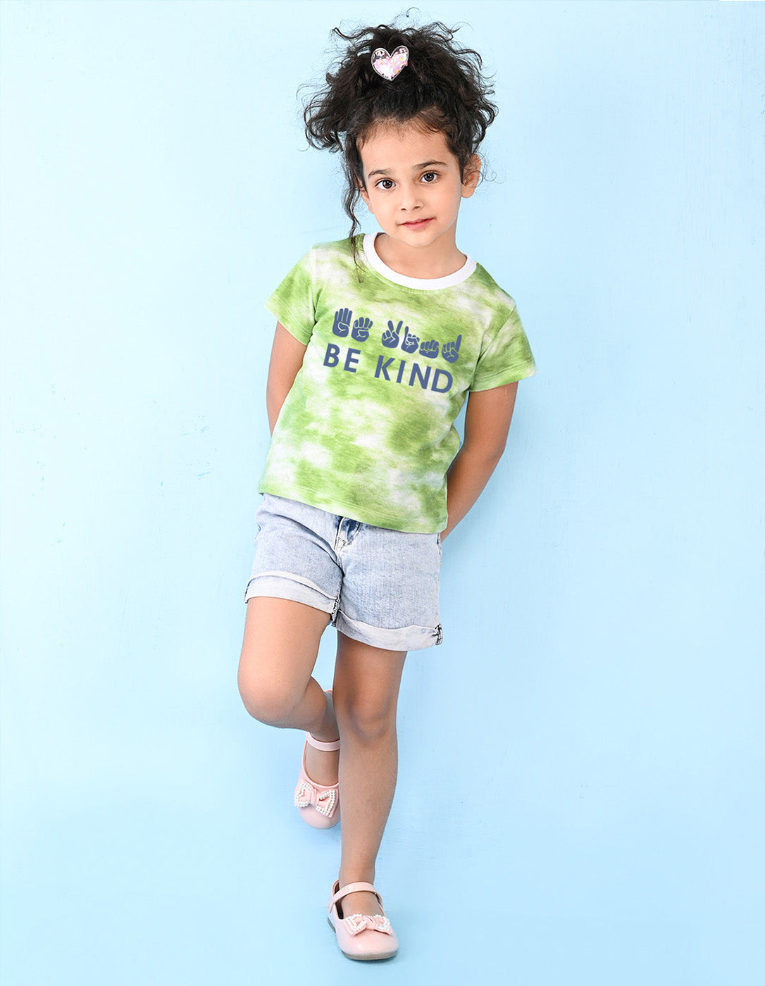 Nusyl girls green be kind printed tie & dye tshirt.