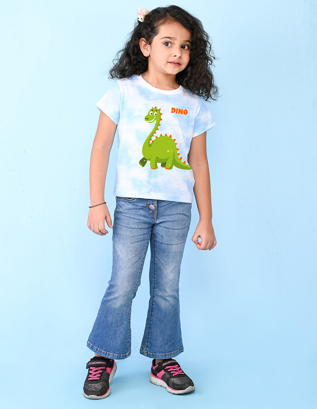 Nusyl girls blue dino printed tie & dye tshirt.