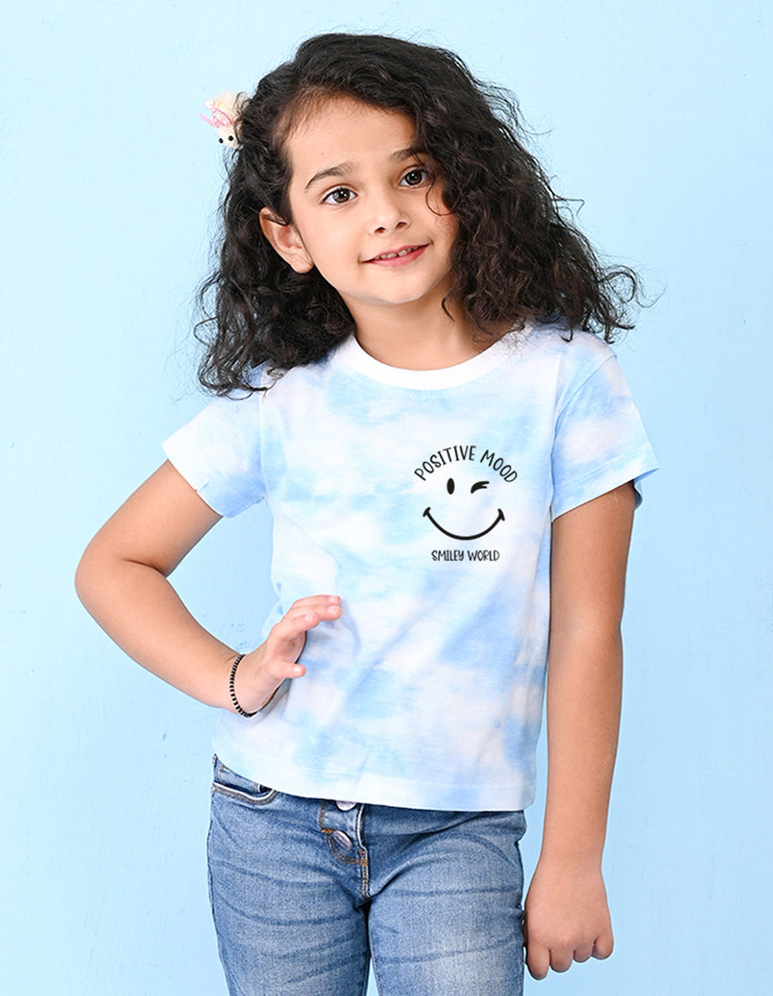 Nusyl girls blue positive mood printed tie & dye tshirt.