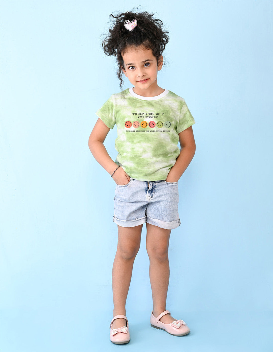 Nusyl girls green smilies printed tie & dye tshirt.