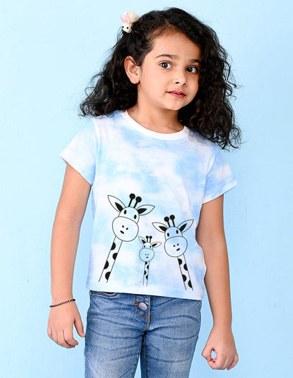 Nusyl girls blue giraffes printed tie & dye tshirt.