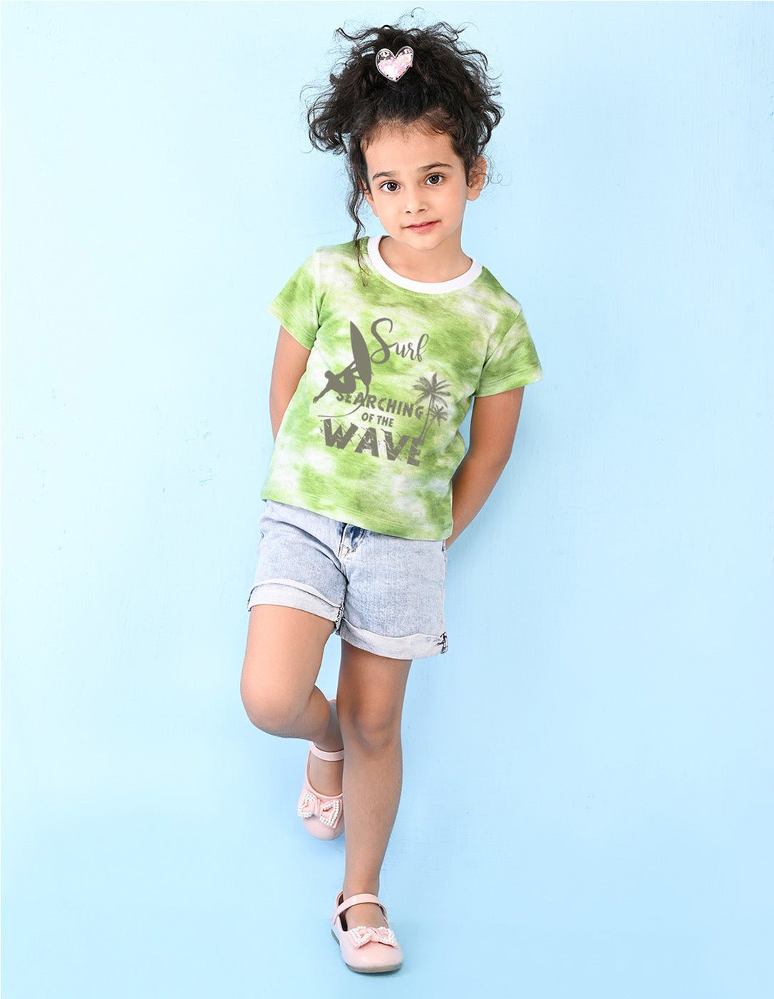 Nusyl girls green wave printed tie & dye tshirt.