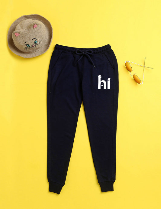 Nusyl Navy blue text printed kids unisex treck pants