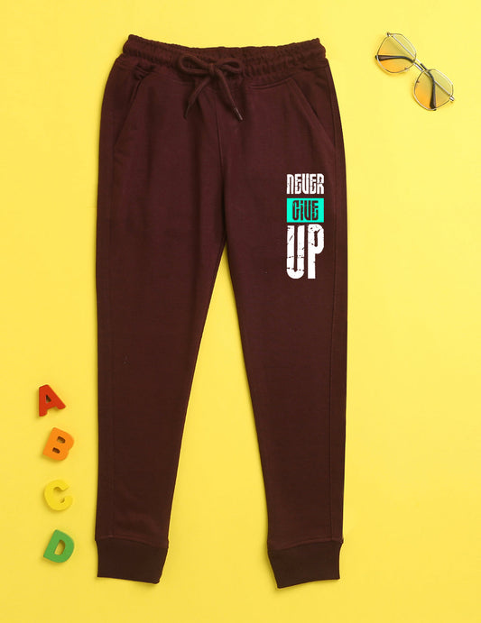 Nusyl Burgandy text printed kids unisex treck pants