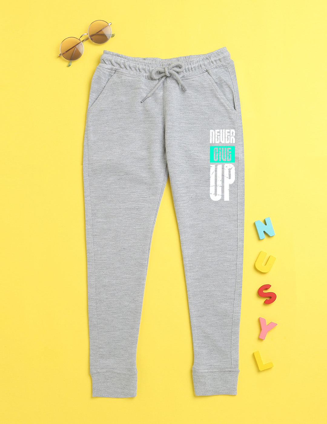 Nusyl Grey text printed kids unisex treck pants