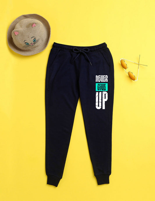 Nusyl Navy blue text printed kids unisex treck pants