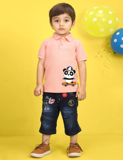 Nusyl Panda Printed Peach Infants Polo T-shirt