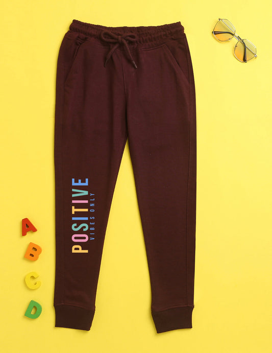 Nusyl Burgandy text printed kids unisex treck pants