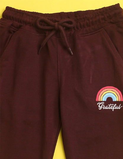 Nusyl Burgandy text printed kids unisex treck pants