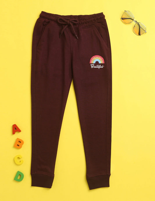 Nusyl Burgandy text printed kids unisex treck pants