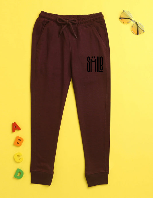 Nusyl Burgandy text printed kids unisex treck pants